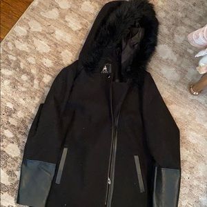 Black swing jacket with fur hood